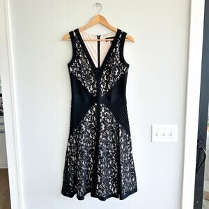 Tadashi Shoji Stretch Lace Jersey Fit & Flare V-Neck Dress Nude Black 8